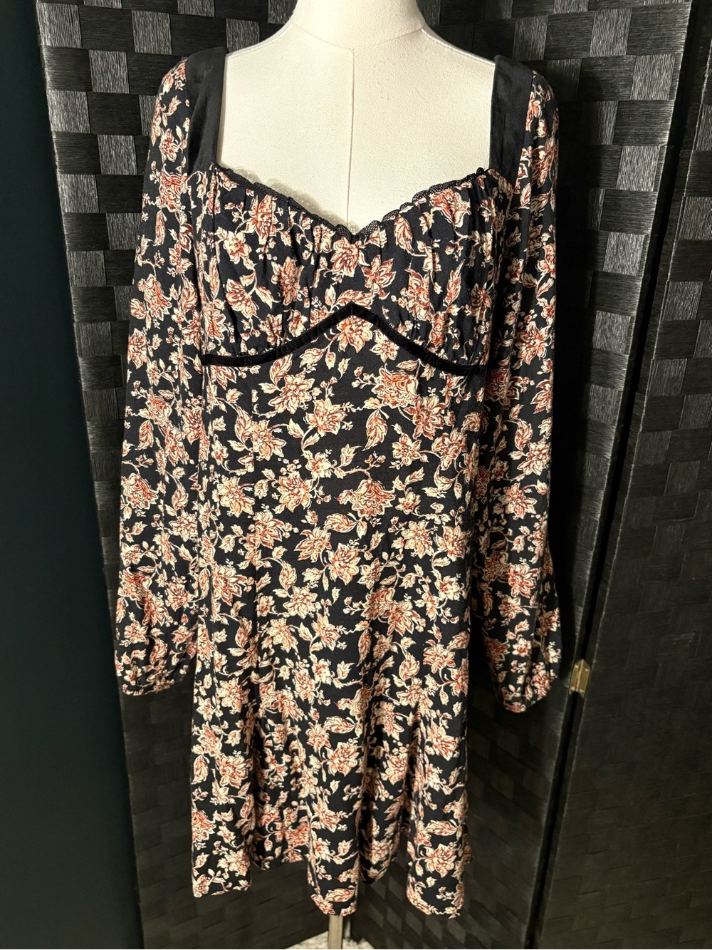 SO Whimsigoth Floral Milkmaid Mini Dress with Velvet Trim Long Sleeve